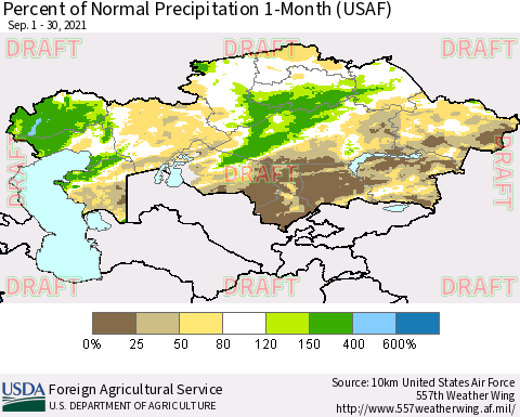 Kazakhstan Percent of Normal Precipitation 1-Month (USAF) Thematic Map For 9/1/2021 - 9/30/2021