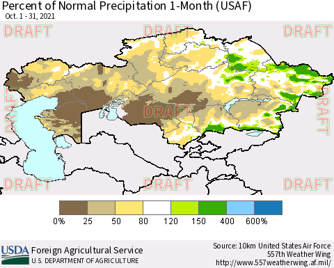 Kazakhstan Percent of Normal Precipitation 1-Month (USAF) Thematic Map For 10/1/2021 - 10/31/2021