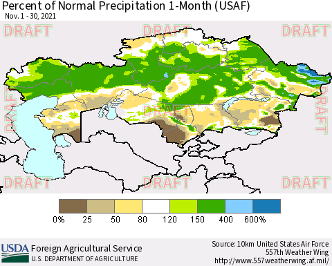 Kazakhstan Percent of Normal Precipitation 1-Month (USAF) Thematic Map For 11/1/2021 - 11/30/2021