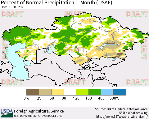 Kazakhstan Percent of Normal Precipitation 1-Month (USAF) Thematic Map For 12/1/2021 - 12/31/2021