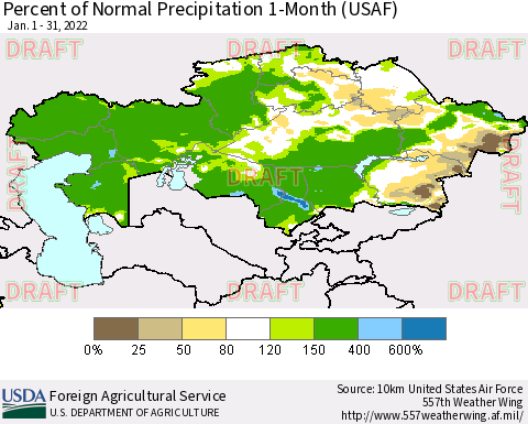 Kazakhstan Percent of Normal Precipitation 1-Month (USAF) Thematic Map For 1/1/2022 - 1/31/2022