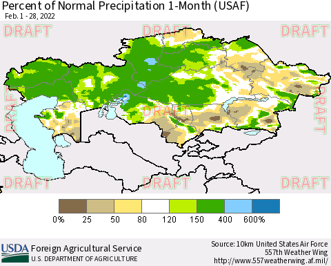 Kazakhstan Percent of Normal Precipitation 1-Month (USAF) Thematic Map For 2/1/2022 - 2/28/2022