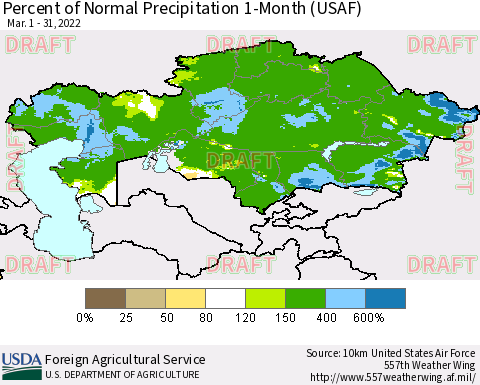 Kazakhstan Percent of Normal Precipitation 1-Month (USAF) Thematic Map For 3/1/2022 - 3/31/2022