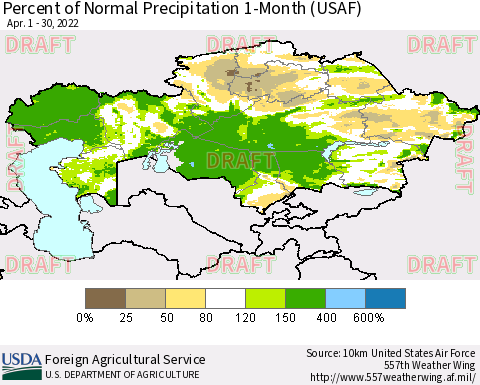 Kazakhstan Percent of Normal Precipitation 1-Month (USAF) Thematic Map For 4/1/2022 - 4/30/2022