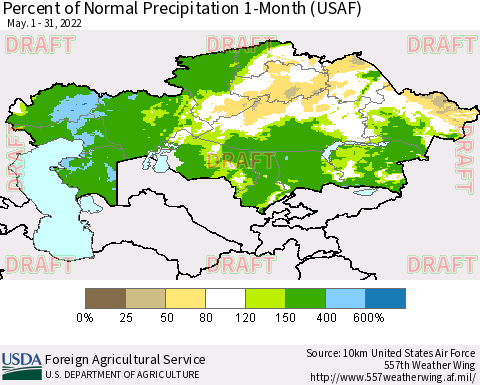 Kazakhstan Percent of Normal Precipitation 1-Month (USAF) Thematic Map For 5/1/2022 - 5/31/2022