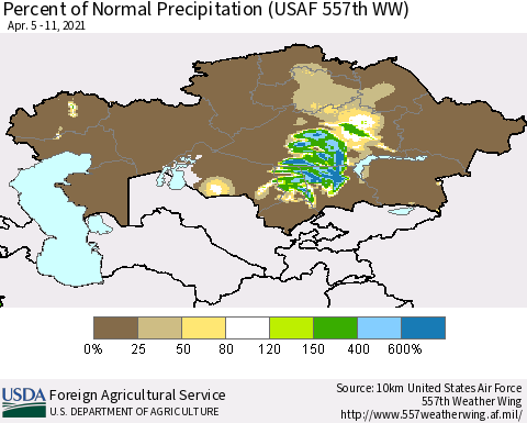 Kazakhstan Percent of Normal Precipitation (USAF 557th WW) Thematic Map For 4/5/2021 - 4/11/2021