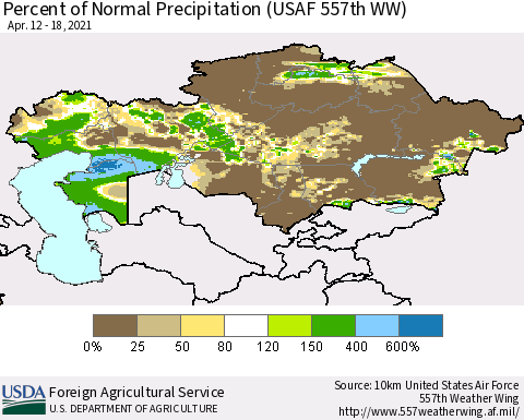 Kazakhstan Percent of Normal Precipitation (USAF 557th WW) Thematic Map For 4/12/2021 - 4/18/2021
