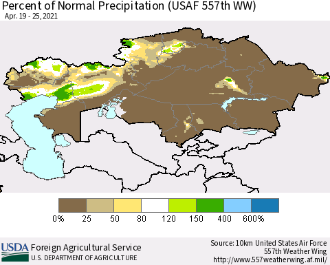 Kazakhstan Percent of Normal Precipitation (USAF 557th WW) Thematic Map For 4/19/2021 - 4/25/2021