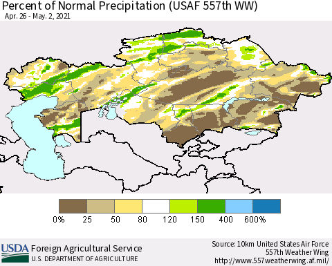 Kazakhstan Percent of Normal Precipitation (USAF 557th WW) Thematic Map For 4/26/2021 - 5/2/2021