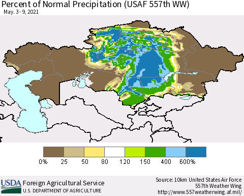 Kazakhstan Percent of Normal Precipitation (USAF 557th WW) Thematic Map For 5/3/2021 - 5/9/2021