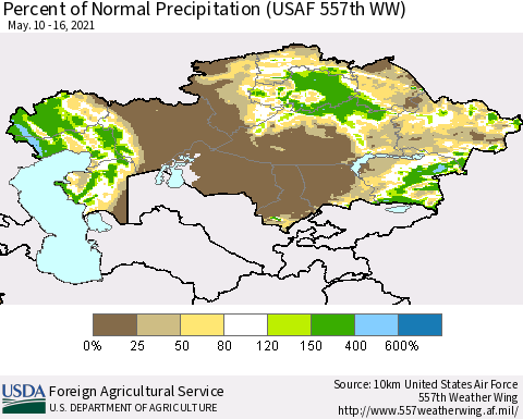 Kazakhstan Percent of Normal Precipitation (USAF 557th WW) Thematic Map For 5/10/2021 - 5/16/2021
