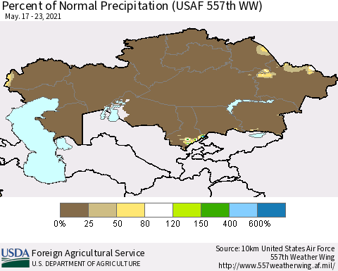 Kazakhstan Percent of Normal Precipitation (USAF 557th WW) Thematic Map For 5/17/2021 - 5/23/2021