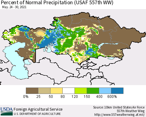 Kazakhstan Percent of Normal Precipitation (USAF 557th WW) Thematic Map For 5/24/2021 - 5/30/2021