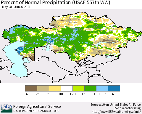 Kazakhstan Percent of Normal Precipitation (USAF 557th WW) Thematic Map For 5/31/2021 - 6/6/2021