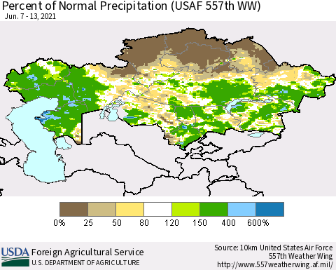 Kazakhstan Percent of Normal Precipitation (USAF 557th WW) Thematic Map For 6/7/2021 - 6/13/2021
