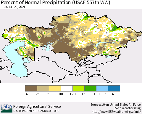 Kazakhstan Percent of Normal Precipitation (USAF 557th WW) Thematic Map For 6/14/2021 - 6/20/2021