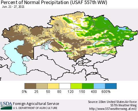 Kazakhstan Percent of Normal Precipitation (USAF 557th WW) Thematic Map For 6/21/2021 - 6/27/2021