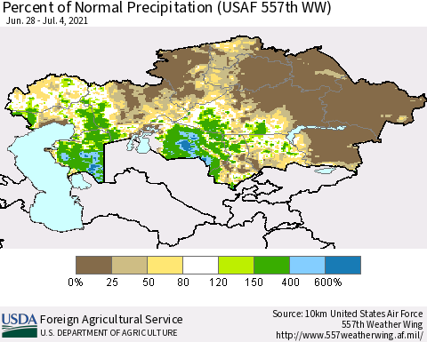 Kazakhstan Percent of Normal Precipitation (USAF 557th WW) Thematic Map For 6/28/2021 - 7/4/2021