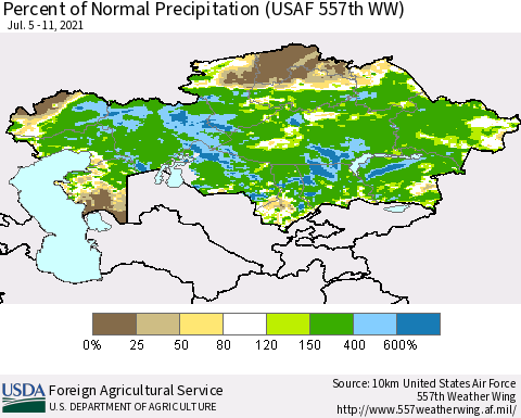 Kazakhstan Percent of Normal Precipitation (USAF 557th WW) Thematic Map For 7/5/2021 - 7/11/2021