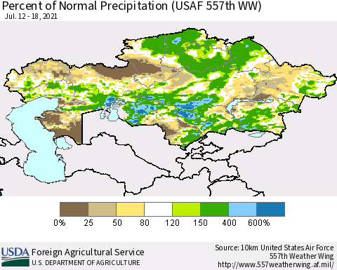 Kazakhstan Percent of Normal Precipitation (USAF 557th WW) Thematic Map For 7/12/2021 - 7/18/2021