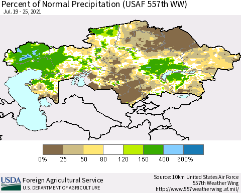 Kazakhstan Percent of Normal Precipitation (USAF 557th WW) Thematic Map For 7/19/2021 - 7/25/2021