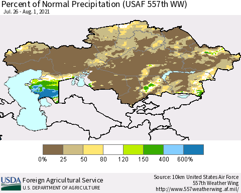 Kazakhstan Percent of Normal Precipitation (USAF 557th WW) Thematic Map For 7/26/2021 - 8/1/2021