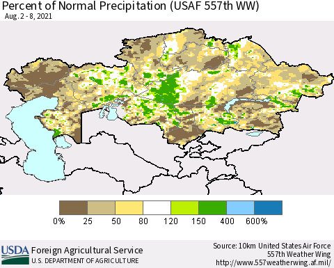 Kazakhstan Percent of Normal Precipitation (USAF 557th WW) Thematic Map For 8/2/2021 - 8/8/2021