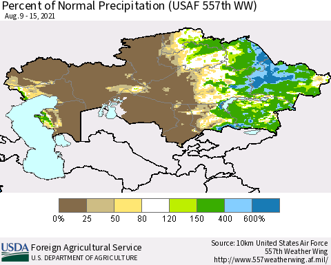 Kazakhstan Percent of Normal Precipitation (USAF 557th WW) Thematic Map For 8/9/2021 - 8/15/2021