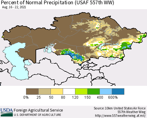 Kazakhstan Percent of Normal Precipitation (USAF 557th WW) Thematic Map For 8/16/2021 - 8/22/2021