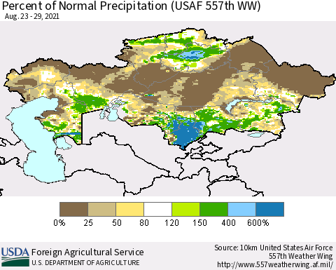 Kazakhstan Percent of Normal Precipitation (USAF 557th WW) Thematic Map For 8/23/2021 - 8/29/2021