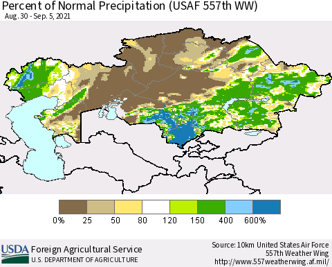 Kazakhstan Percent of Normal Precipitation (USAF 557th WW) Thematic Map For 8/30/2021 - 9/5/2021