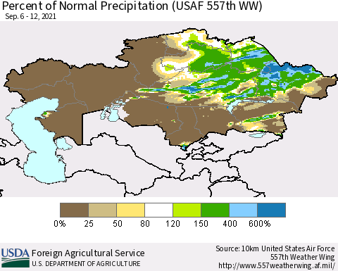 Kazakhstan Percent of Normal Precipitation (USAF 557th WW) Thematic Map For 9/6/2021 - 9/12/2021