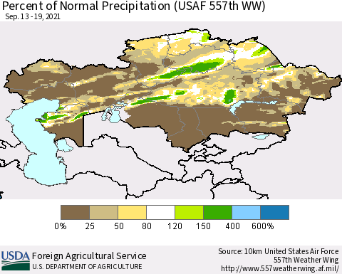 Kazakhstan Percent of Normal Precipitation (USAF 557th WW) Thematic Map For 9/13/2021 - 9/19/2021