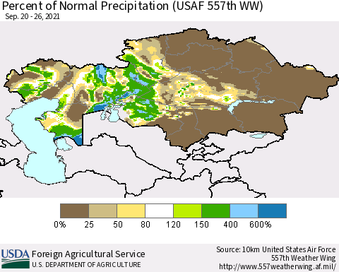 Kazakhstan Percent of Normal Precipitation (USAF 557th WW) Thematic Map For 9/20/2021 - 9/26/2021