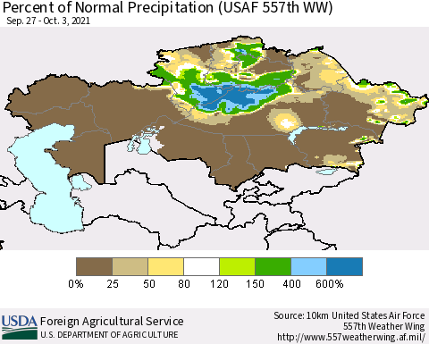 Kazakhstan Percent of Normal Precipitation (USAF 557th WW) Thematic Map For 9/27/2021 - 10/3/2021