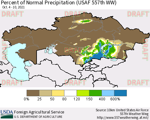 Kazakhstan Percent of Normal Precipitation (USAF 557th WW) Thematic Map For 10/4/2021 - 10/10/2021