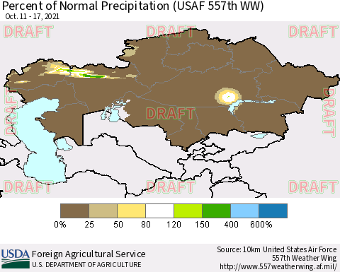 Kazakhstan Percent of Normal Precipitation (USAF 557th WW) Thematic Map For 10/11/2021 - 10/17/2021