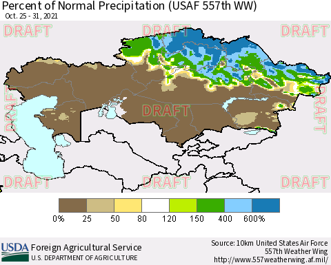 Kazakhstan Percent of Normal Precipitation (USAF 557th WW) Thematic Map For 10/25/2021 - 10/31/2021