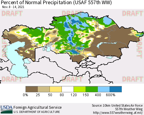 Kazakhstan Percent of Normal Precipitation (USAF 557th WW) Thematic Map For 11/8/2021 - 11/14/2021