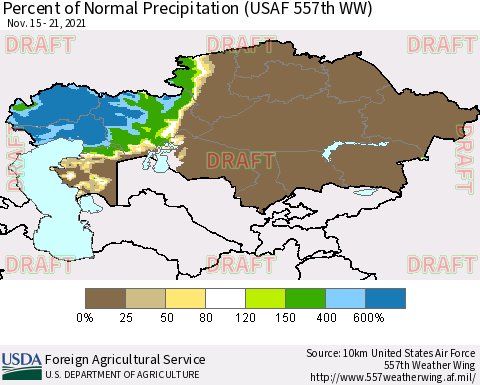 Kazakhstan Percent of Normal Precipitation (USAF 557th WW) Thematic Map For 11/15/2021 - 11/21/2021