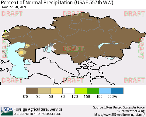 Kazakhstan Percent of Normal Precipitation (USAF 557th WW) Thematic Map For 11/22/2021 - 11/28/2021