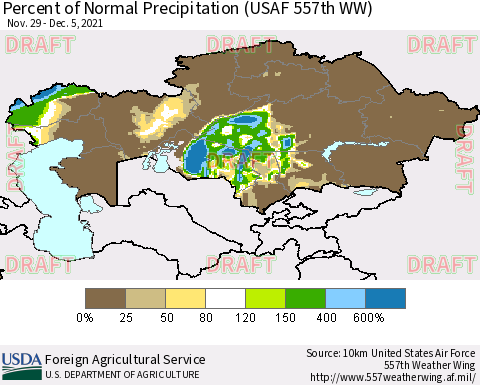 Kazakhstan Percent of Normal Precipitation (USAF 557th WW) Thematic Map For 11/29/2021 - 12/5/2021