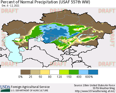 Kazakhstan Percent of Normal Precipitation (USAF 557th WW) Thematic Map For 12/6/2021 - 12/12/2021