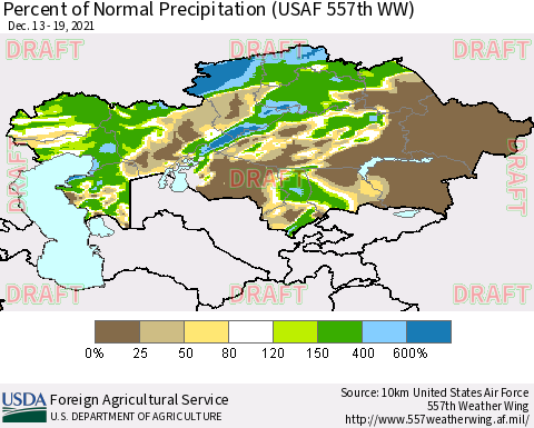 Kazakhstan Percent of Normal Precipitation (USAF 557th WW) Thematic Map For 12/13/2021 - 12/19/2021