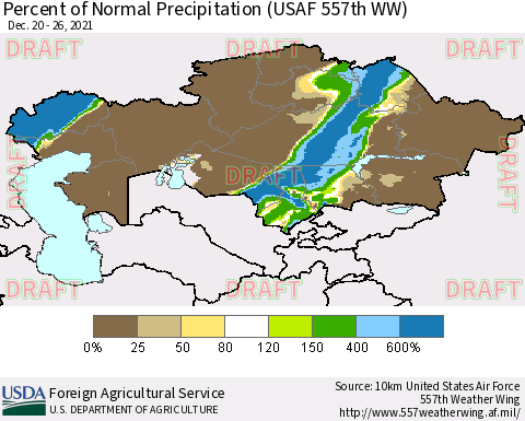 Kazakhstan Percent of Normal Precipitation (USAF 557th WW) Thematic Map For 12/20/2021 - 12/26/2021