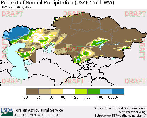 Kazakhstan Percent of Normal Precipitation (USAF 557th WW) Thematic Map For 12/27/2021 - 1/2/2022