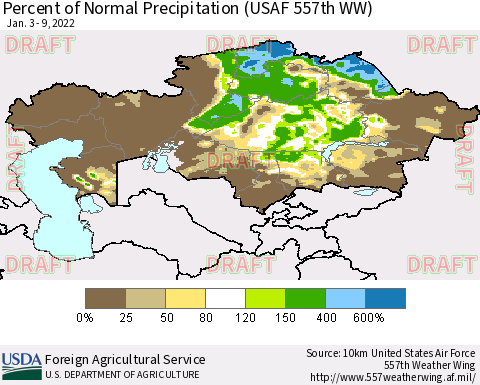 Kazakhstan Percent of Normal Precipitation (USAF 557th WW) Thematic Map For 1/3/2022 - 1/9/2022