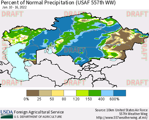 Kazakhstan Percent of Normal Precipitation (USAF 557th WW) Thematic Map For 1/10/2022 - 1/16/2022