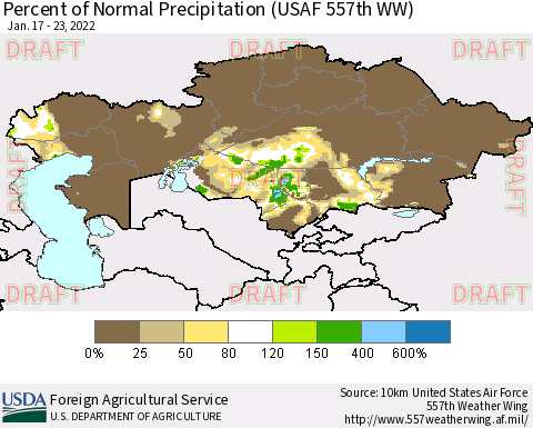 Kazakhstan Percent of Normal Precipitation (USAF 557th WW) Thematic Map For 1/17/2022 - 1/23/2022