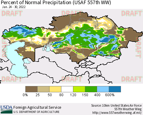 Kazakhstan Percent of Normal Precipitation (USAF 557th WW) Thematic Map For 1/24/2022 - 1/30/2022
